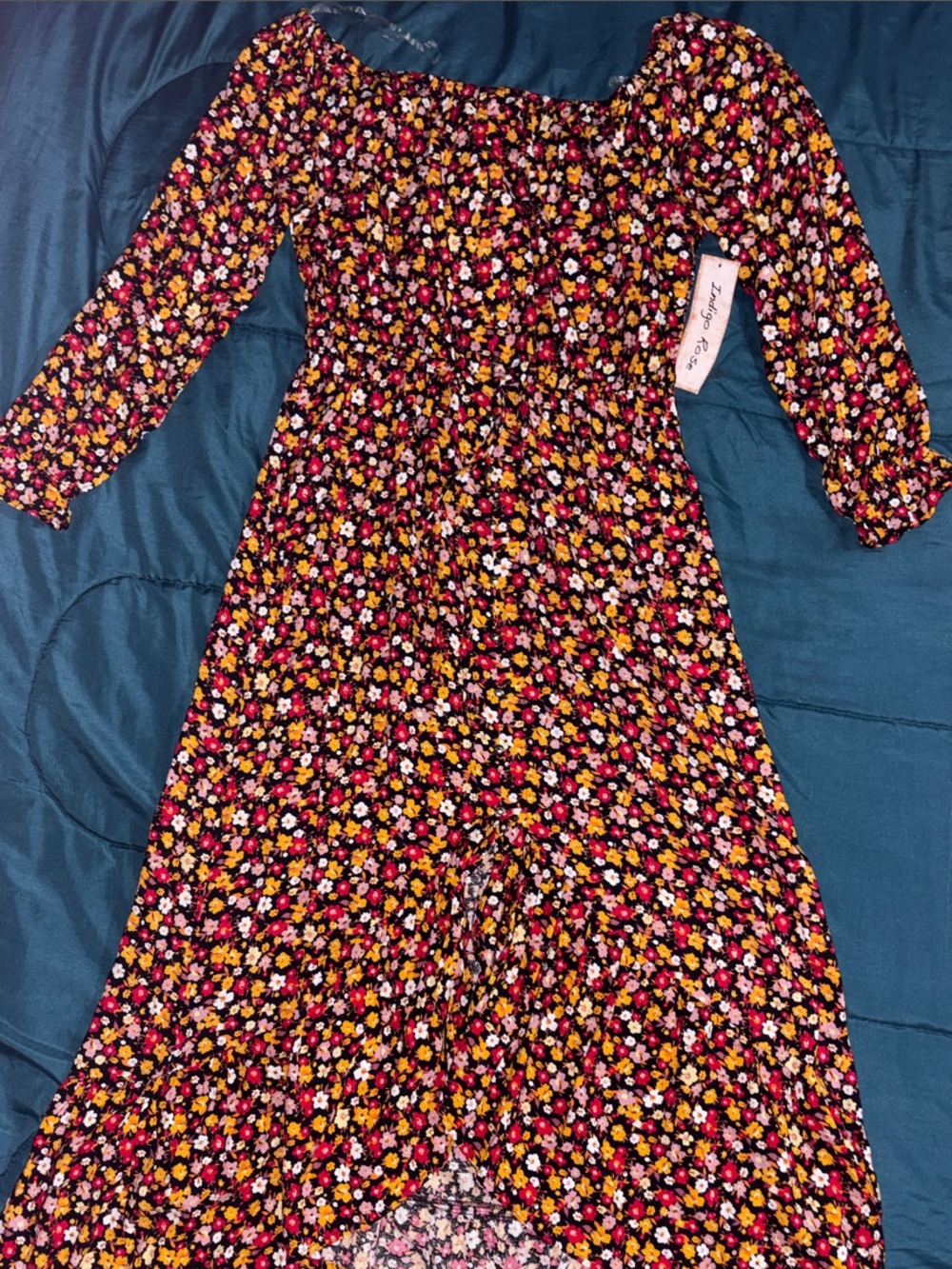Indigo Rose - NW -Floral Smocked Long-Sleeve Maxi Dress Boho style perfect 4fall